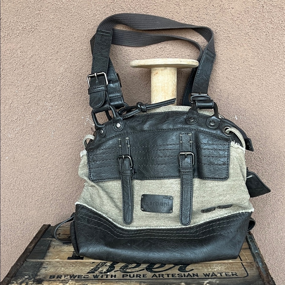 Sharpani leather and canvas shoulder bag